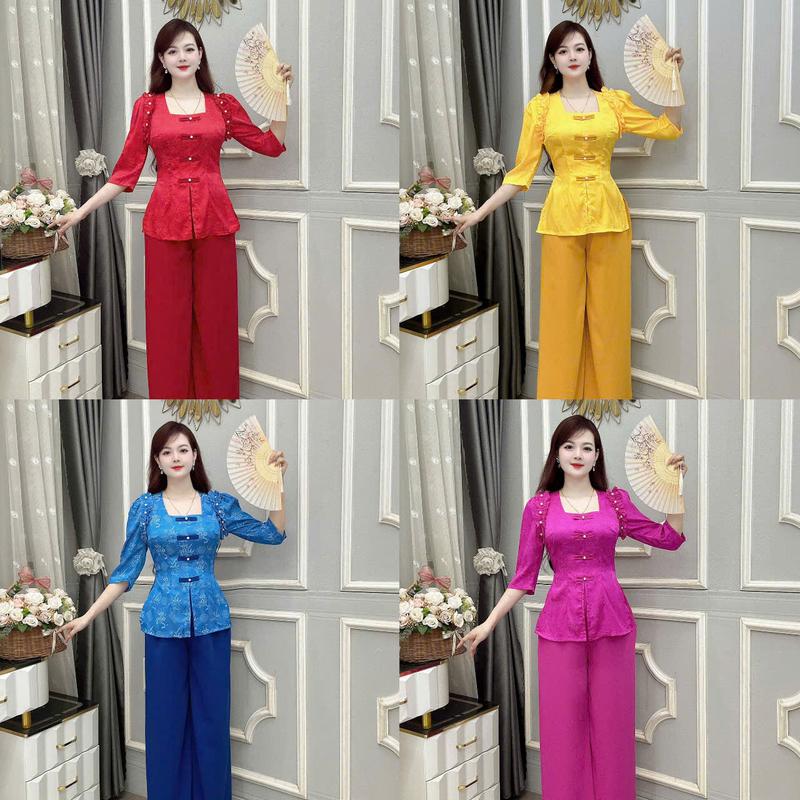 SÉT BỘ ÁO KÈM QUẦN BÀ BA CỔ VUÔNG BÈO VAI CHẤT VẢI GẤM 2 DA QUẦN LỤA ĐỦ SIZE TỪ S,M,L,XL,XXL,3XL