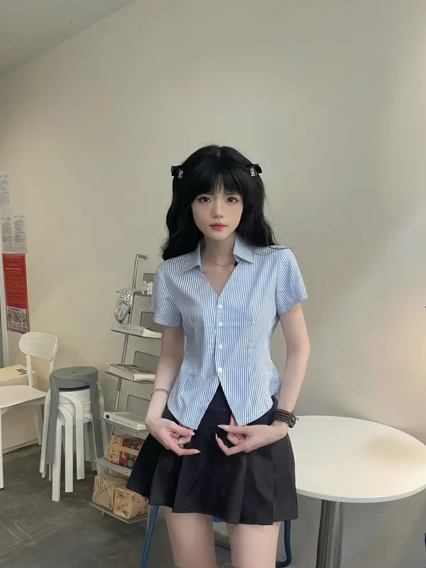 Áo sơ mi ngắn tay nữ thiết kế kẻ sọc, chất liệu mềm mịn,ít nhăn,thoáng mát NANAMY trendy SMX32 Women Top 5