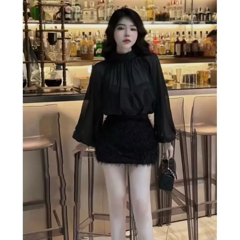 ￼Sét áo sơ mi tay bồng kèm áo quây mix chân váy lông sang trọng ChuMij VN