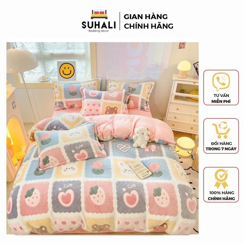 Bộ vỏ chăn ga nỉ nhung 4 món, set gồm vỏ chăn chưa có ruột, ga giường và 2 vỏ gối nằm mềm mịn ấm áp