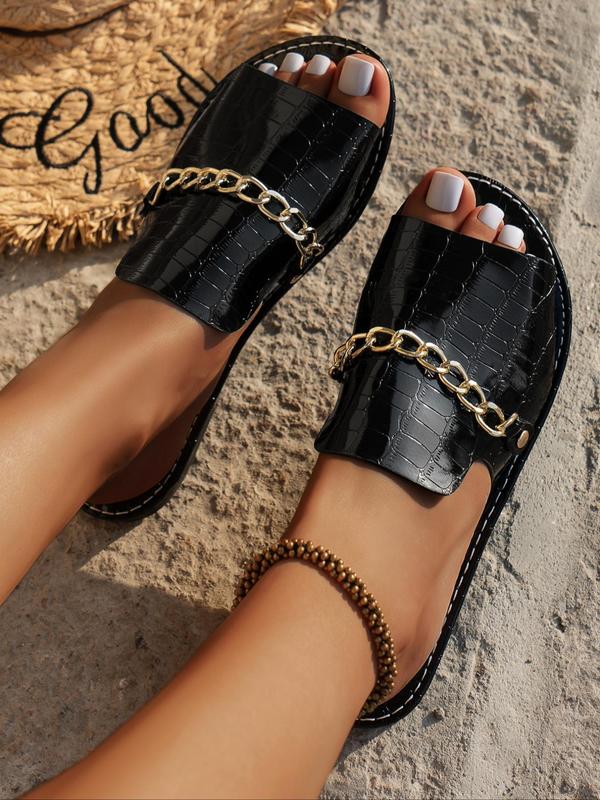 Women's Fashionable Chain Decorated Slides, Casual Comfortable Flat Sandals for Summer, Lightweight Breathable Shoes for Beach Vacation, Footwear 1
