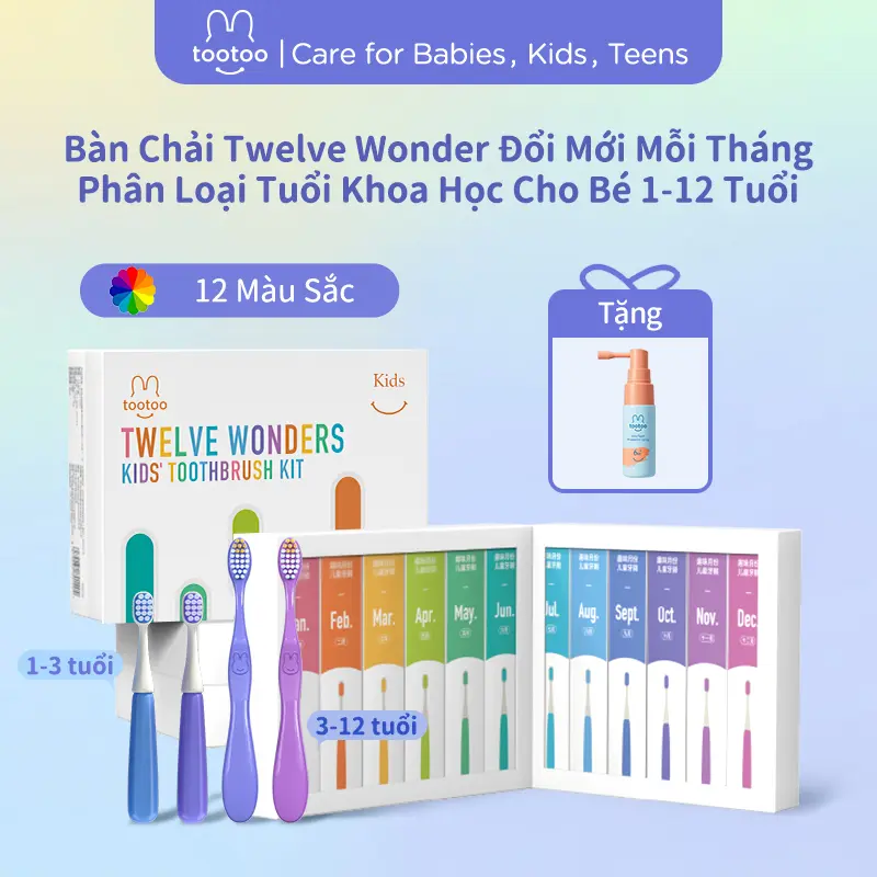tootoo 12 PCS Bàn chải đánh răng trẻ em theo tháng hộp 12 chiếc phân tuổi 1-3-12 tuổi Bàn chải đánh răng thay hàng tháng (không hình chữ U) làm sạch răng miệng Cho Bé