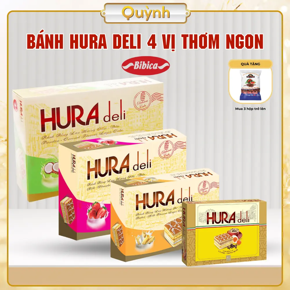 Bánh bông lan Hura Deli Bơ Sữa, sữa dâu, cốm dừa, cà phê trứng muối 12 gói 336g