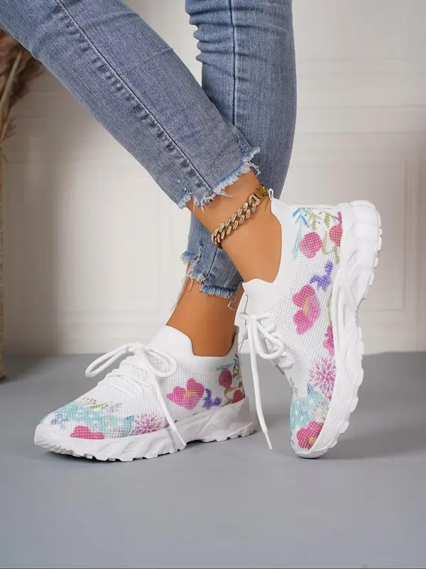 Women's Fashionable Floral Pattern Lace Up Low Top Sneakers, Casual Comfortable Breathable Sports Running Shoes, All-match Basic Shoes for Daily Wear 4