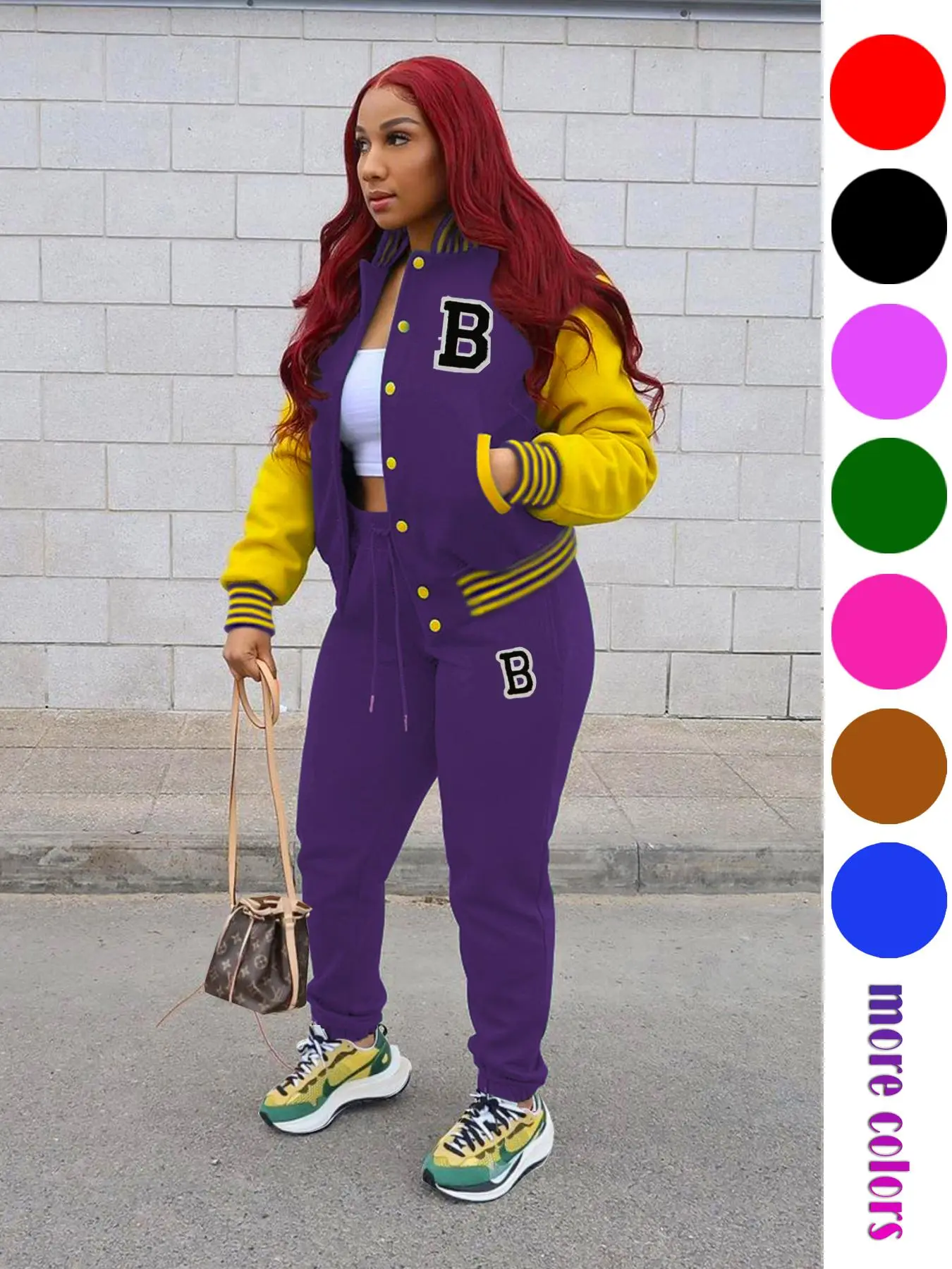 【Plus Size】 Two-piece Set Colorblock Letter Patched Detail Pocket Baseball Collar Jacket & Drawstring Waist Pants, Casual Fashion Cozy Breathable for Daily Outdoor Wear, Women's Clothing for Fall & Winter