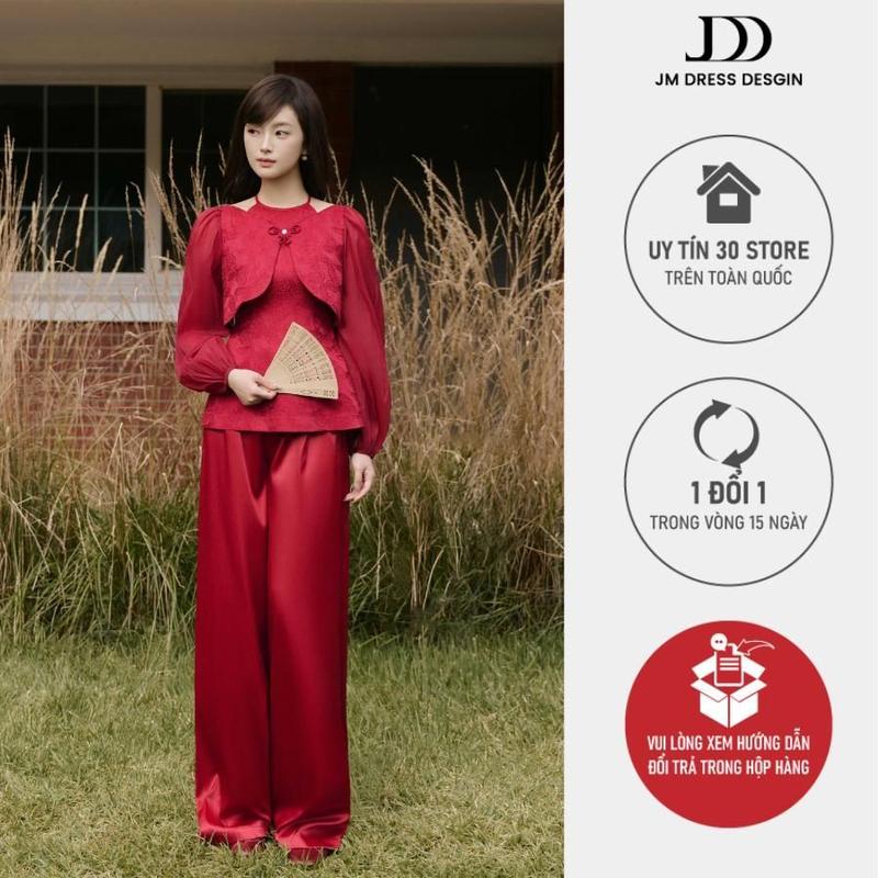 Áo Dáng Ôm Phối Tà Bong Tay Tơ 2T49.2510 Áo Cổ Yếm Cách Tân Ôm Nhẹ Thiết Kế Tay Phồng Hiện Đại Xen Truyền Thống By JM