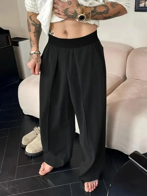 Men's Solid Color Wide Leg Pants, Loose Casual Comfy Trousers for Spring & Fall, Men's Bottoms for Daily Wear, Beige 8