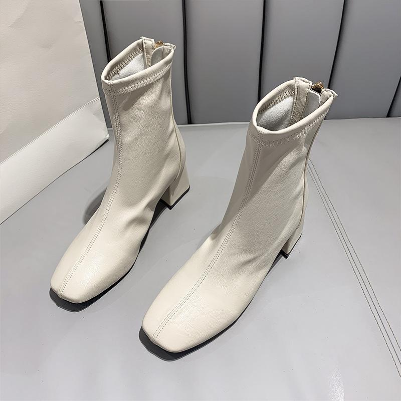 Bốt nữ da cao cấp 2025 mũi vuông lót lông mềm mại gót cao 6 - 7p có khóa kéo thời trang dành cho nữ