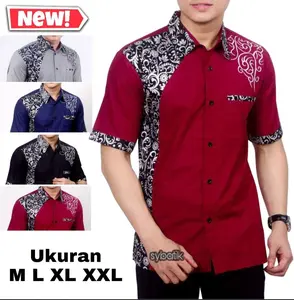 Kemeja pria lengan pendek kombinasi bordir dan batik Baju Seragam Katun Toyobo Tebal