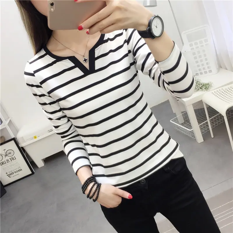 Áo Thun Nữ Dài Tay Cổ Chữ V Sọc Mỏng Vừa Vặn, Phong Cách Hàn Quốc Mới Mùa Thu, Chất Lượng Cao, Bán Chạy, Dễ Phối Đồ, Áo Sơ Mi Cơ Sở, Chất Liệu Thoải Mái, Bán Chạy