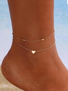 Tobillera de doble capa decorada con corazón de 1 pieza para mujer, tobillera multicapa estilo playa de vacaciones en forma de corazón simple, joyería corporal de todo fósforo de moda para mujer para regalo