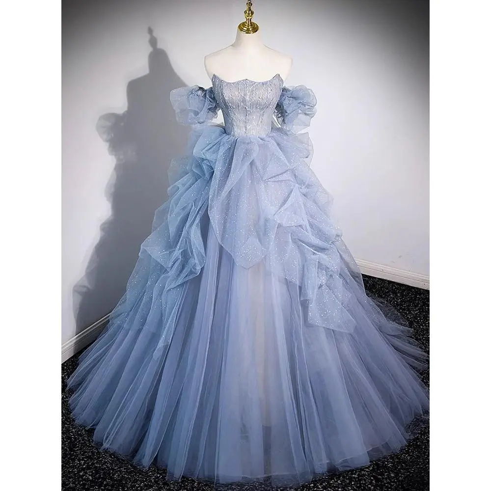 off-Shoulder Evening Dress High-Grade Piano Performance Adult Wedding Dress Bel Canto Solo Blue Gauze Dress Vocal Music Art Test