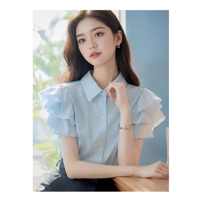 Product Introduction of (in Stock) European Goods Beautiful Fashion Casual Temperament High-Grade Super Nice Top Blue Ruffled Short Sleeves Women's Shirt Women's Summer Blouse Lingerie 6