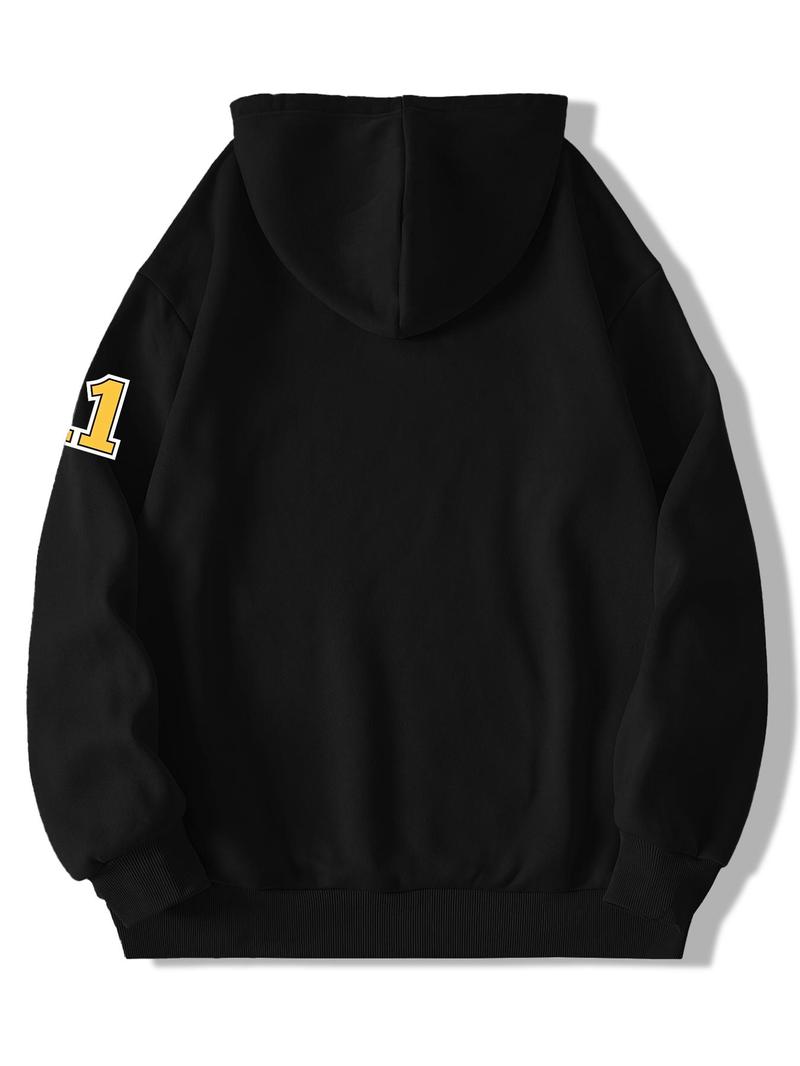 Product Introduction of Men's Letter & Number Print Drop Shoulder Hoodie, Fashion Casual Regular Fit Drawstring Pocket Hooded Sweatshirt for Daily Holiday Outdoor Wear, Men Clothes for Spring & Fall 2