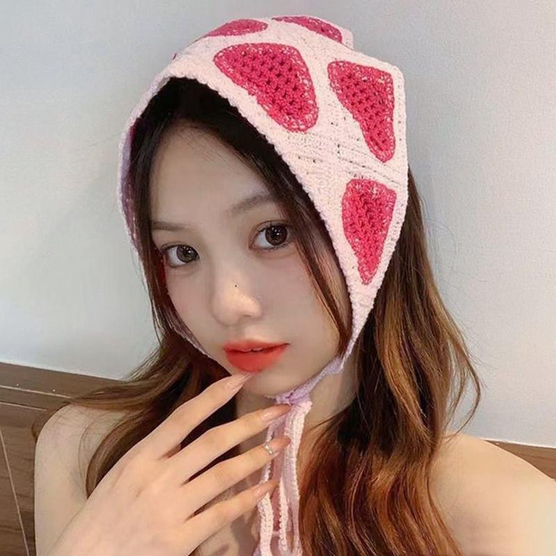 Product Introduction of Fashion Cute Headscarf Hand-Crocheted Japanese Retro Hollow Triangle Scarf Wide Weaving Hair Accessories Women 16