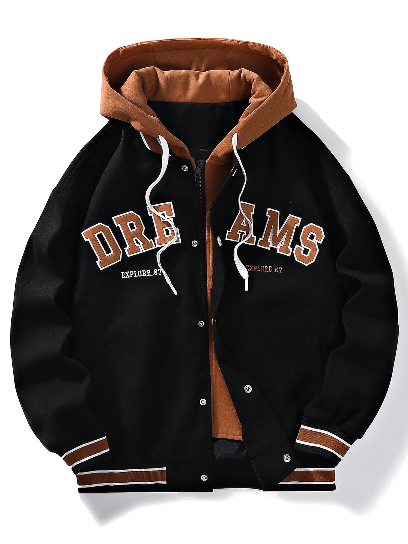 【Plus Size】 Letter Embroidery 2 in 1 Button Front Zipper Hooded Jacket, Casual Regular Fit Drawstring Pocket Drop Shoulder Outerwear for Fall & Winter, Coat, Men's Clothes for Daily Wear