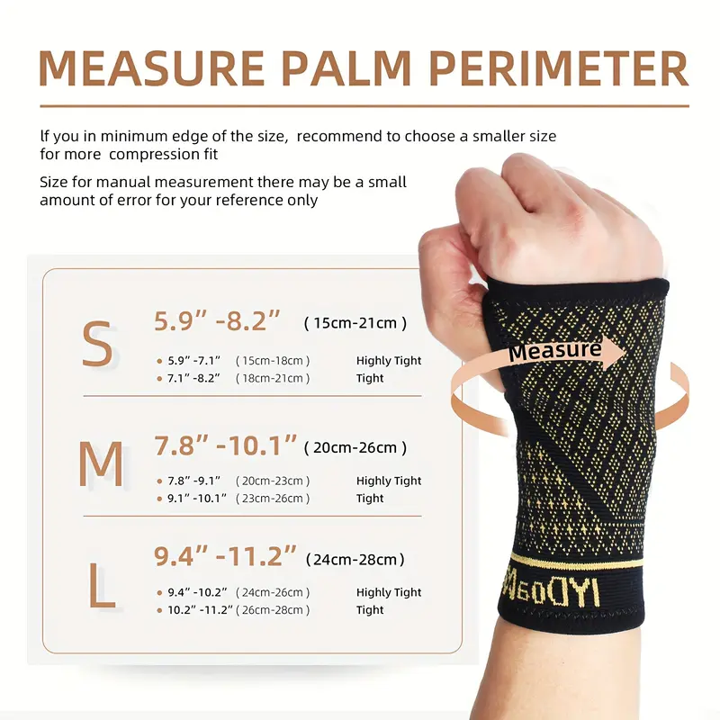 1 Pair Copper Infused Wrist Compression Sleeves - Upgraded Support, Breathable & Durable Fabric, Ergonomic Design for Sports, Gym, Workout - Black with Golden Accents, Unisex for Men & Women, Wrist Straps for Weightlifting 1