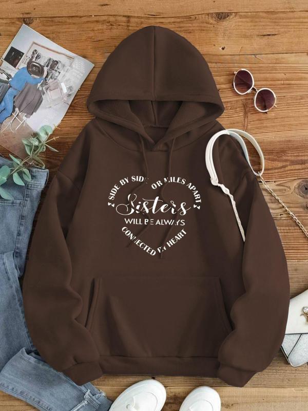 Women's Letter Print Drawstring Pocket Hoodie, Fashion Casual Hooded Sweatshirt for Daily Holiday Outdoor Wear, Women Clothing for Fall & Winter 4