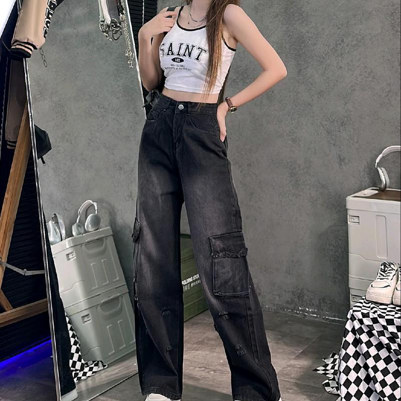  Quần jean suông túi hộp màu đen pha khói hách dáng Có Túi 