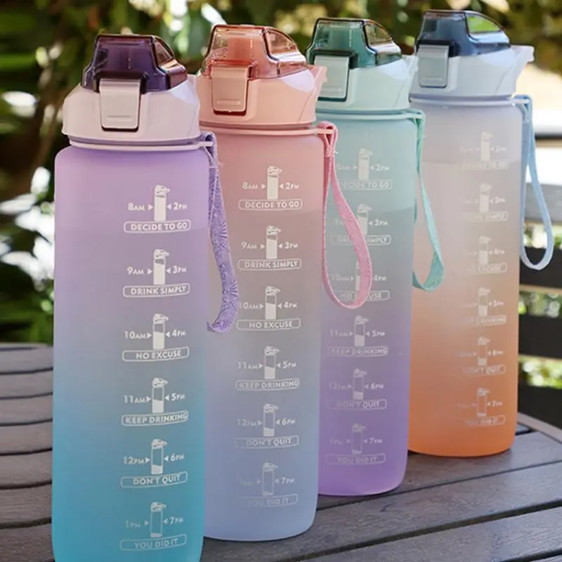 Botol Air dengan Straw, Kapasiti 1 Liter, Sesuai untuk Wanita dan Gadis, Saiz Besar dan Mudah Alih, Sesuai untuk Perjalanan, Cawan Sukan dan Kecergasan, Sesuai untuk Air Sejuk, dengan Skala Masa, Sesuai untuk Musim Panas