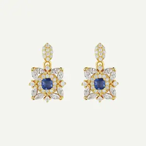 Blue Topaz Square Zirconia Earrings — 16K Gold Plated Sterling Silver Anting Anti Karat
