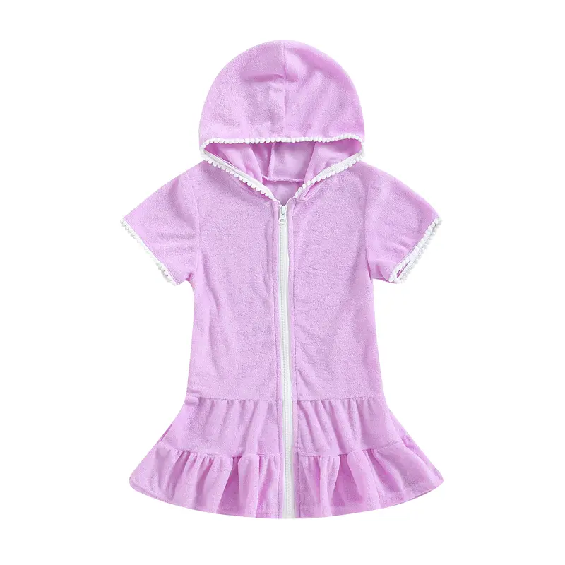Váy Bơi Cho Bé Gái, 2-10 Tuổi, Bộ Đồ Tắm Terry, Che Mặt, Tay Ngắn, Zip Up, Váy Đi Biển Cho Trẻ Em 2