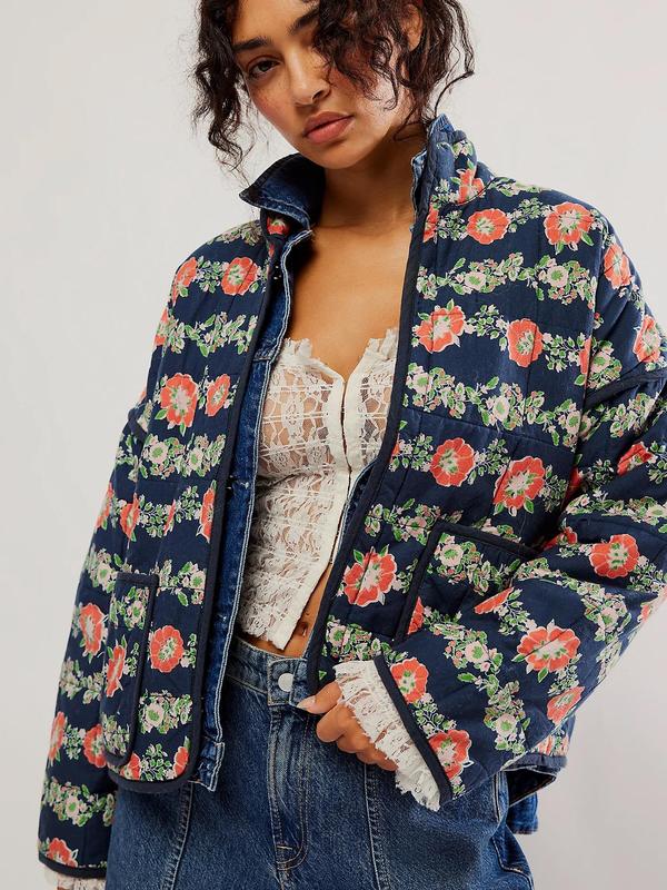 Women's All Over Print Pocket Drop Shoulder Quilted Jacket, Boho Long Sleeve Open Front Outerwear for Fall & Winter, Ladies Clothes for Daily Wear 3