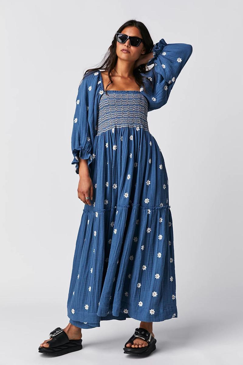 Product Introduction of Women's Floral Embroidery Frill Trim Shirred Flounce Sleeve Dress, Boho Fashion Long Sleeve Square Neck A Line Dress for Daily Holiday Vacation Wear, Ladies Dress for All Seasons, Dresses for Women, Spring Dress Casual Womenswear jaded london  dress 9