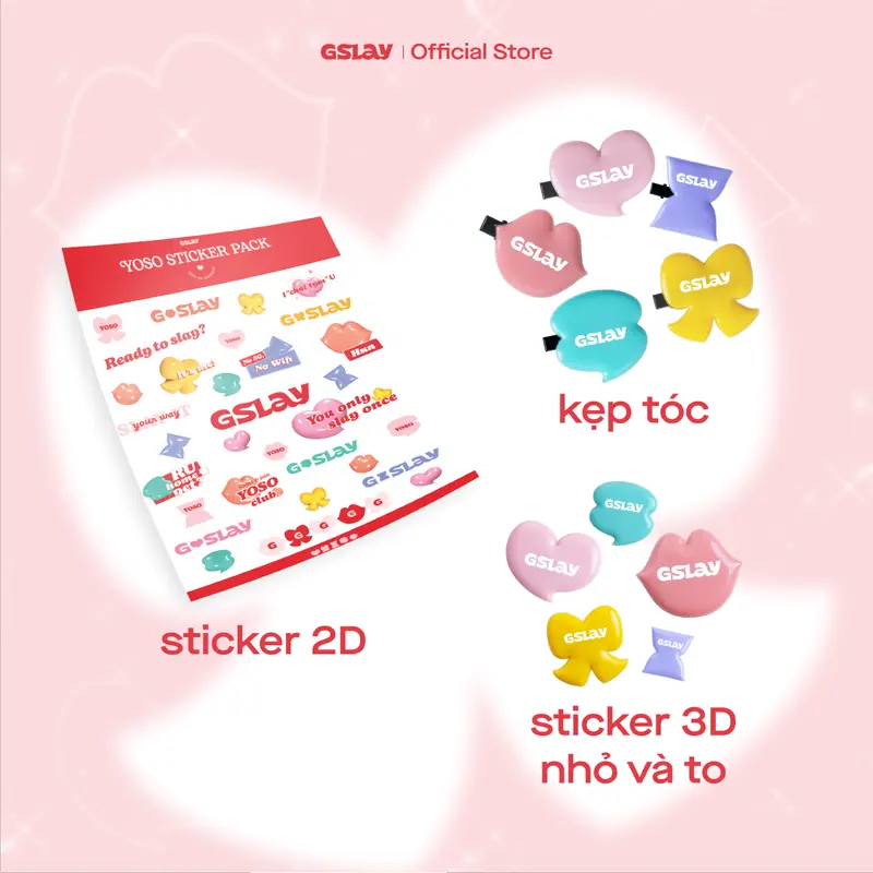 [QUÀ TẶNG-KHÔNG BÁN] Combo 04 quà tặng GSLAY YOSO bao gồm: Kẹp tóc trang điểm Hair Clip, Sticker 3D phồng (Large Size), Sticker 3D phồng (Small Size) và Sticker 2D 1