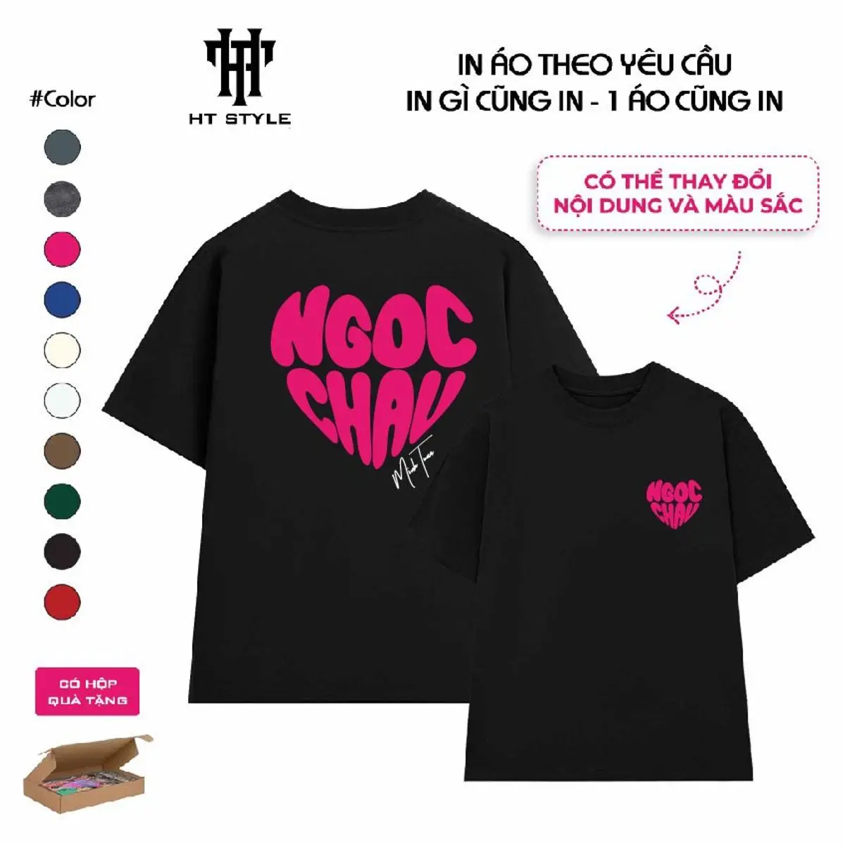 [ÁO IN THEO YÊU CẦU] Áo cotton 1oo% 250gr in tên hình trái tim theo yêu cầu full box