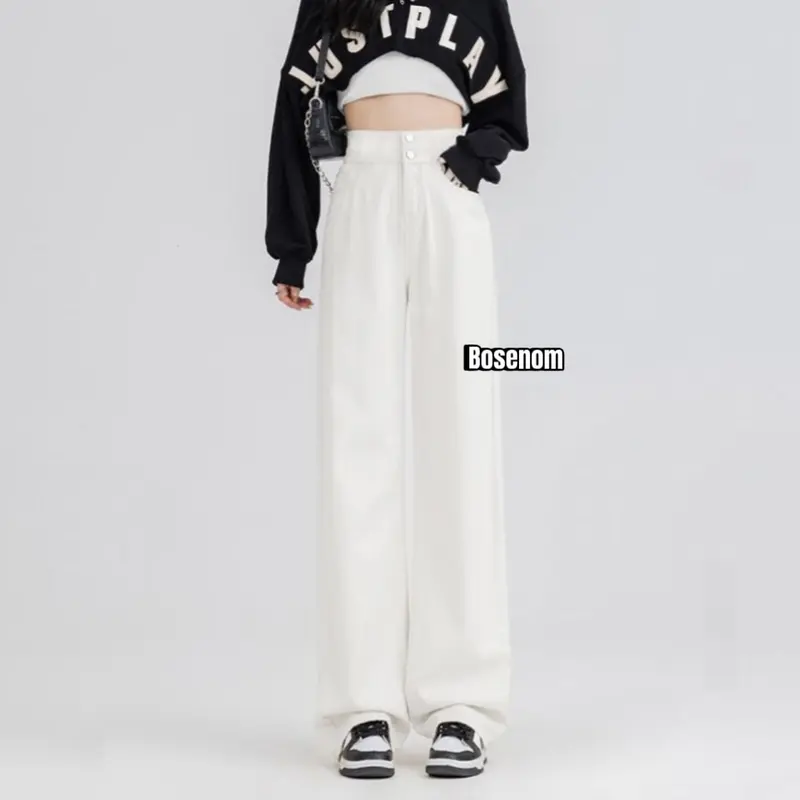 BOSENOM- Celana Kulot Jeans Wanita Highwaist Premium Variasi 2 kancing loose celana jins Panjang kasual pinggang crossback Kaki Nyaman Santai Stretch Belah Samping Belah Samping Hitam 4