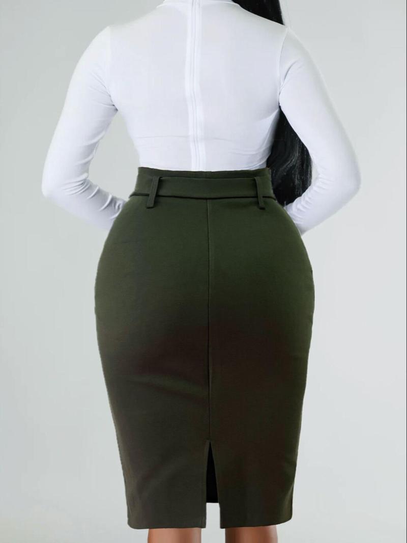 Product Introduction of Women's Appliques Belted Split Back Bodycon Skirt, Elegant Solid Color Knee Length Pencil Skirt for Party Holiday Wedding Guest, Ladies Bottoms for All Seasons 2