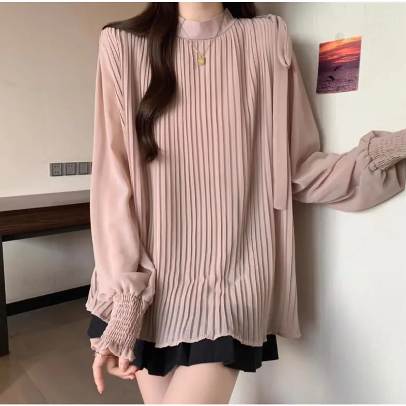 CHICMORE Atasan Blus Gaya Elegan Lengan Panjang Model Balon Leher Bulat Untuk Wanita 1