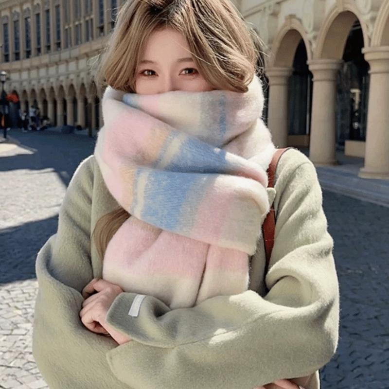 Khăn quàng cổ khổ rộng dài, len mềm mịn, kẻ caro xám nhạt, siêu ấm áp, Vintage Hàn Quốc Khăng Choàng Women Nữ Voi