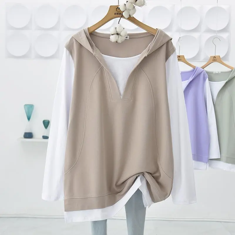Hoodie Bersaiz Besar, Lengan Panjang, Gaya Korea, Longgar, Baju Sweat Bersaiz Besar, Rekaan Penyambungan, Sesuai untuk 40-150kg, Pakaian Fesyen