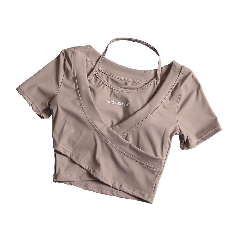 Áo Crop-Top, Dành Cho Nữ, Ngắn Tay, Ôm Sát, Thiết Kế Giả Hai Lớp, Thích Hợp Tập Luyện, Chạy Bộ, Tập Luyện, Quần Áo Yoga, Có Đệm Ngực, Gợi Cảm 2