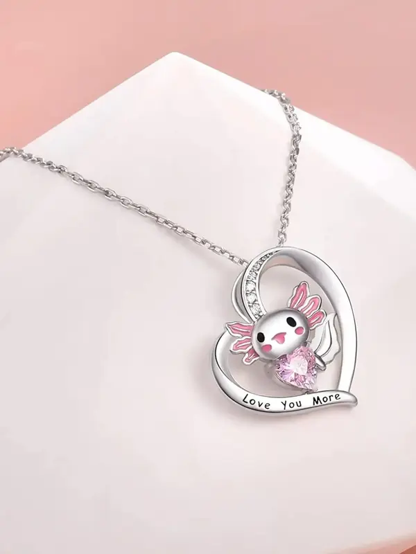 Cute Cartoon Axolotl & Heart Rhinestone Pendant Necklace for Kids, Hollow Out Heart Letters Print Necklace, Fashion Jewelry for Party, Daily Clothing Decor, Trendy All-match & Exquisite Jewelry for Kids' Birthday Gifts, Valentine's Day, Gift 2