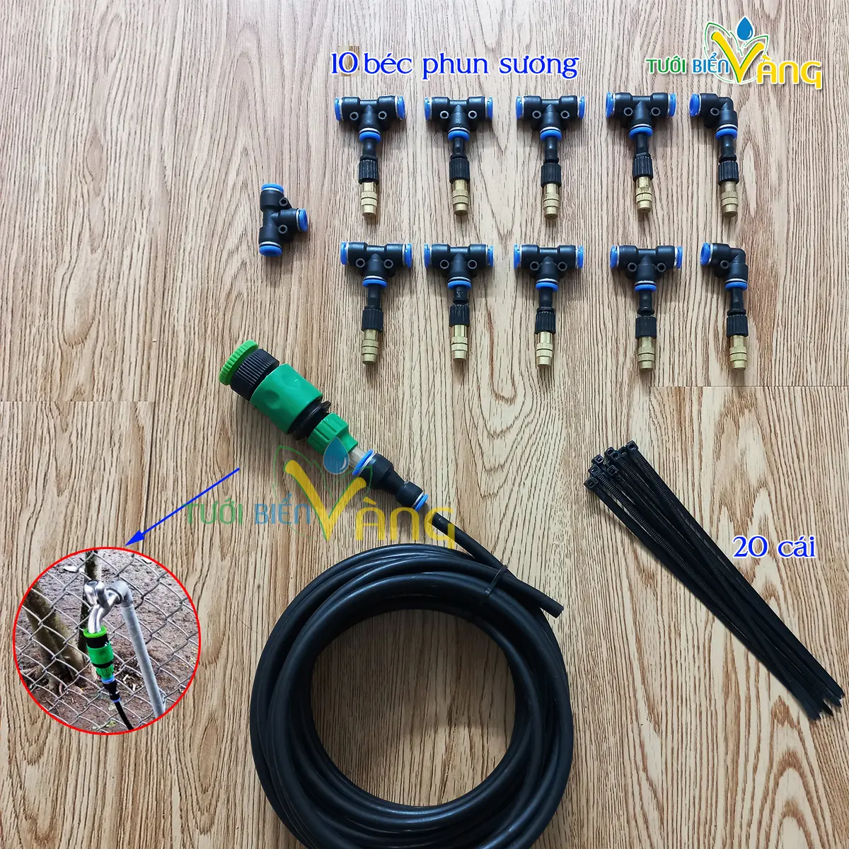 Bộ phun sương tưới cây tưới lan làm mát 10 béc đầu đồng đẹp đầy đủ đầu kết nối với vòi nước 10m/20m dây phun sương chịu áp lực cao 8mm tặng kèm 20 dây lạt nhựa