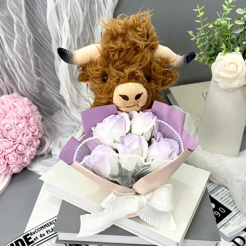 Highland Cow Plush Toy with Artificial Rose Bouquet, 1 Set Cute Plush Toy, Home Decor Ornament, Gift for Your Love 4