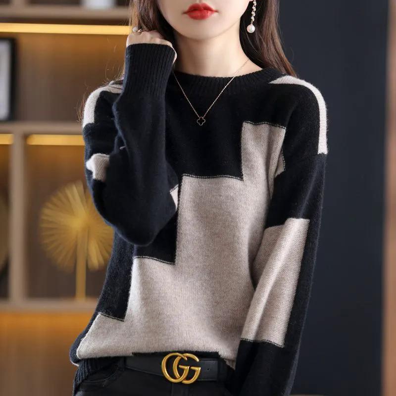 Product Introduction of Women sweater 2022 autonm and winter New Fashion stitching round neck knitted shirt loose casual lazy style long sleeve bottoming shirt Women 8