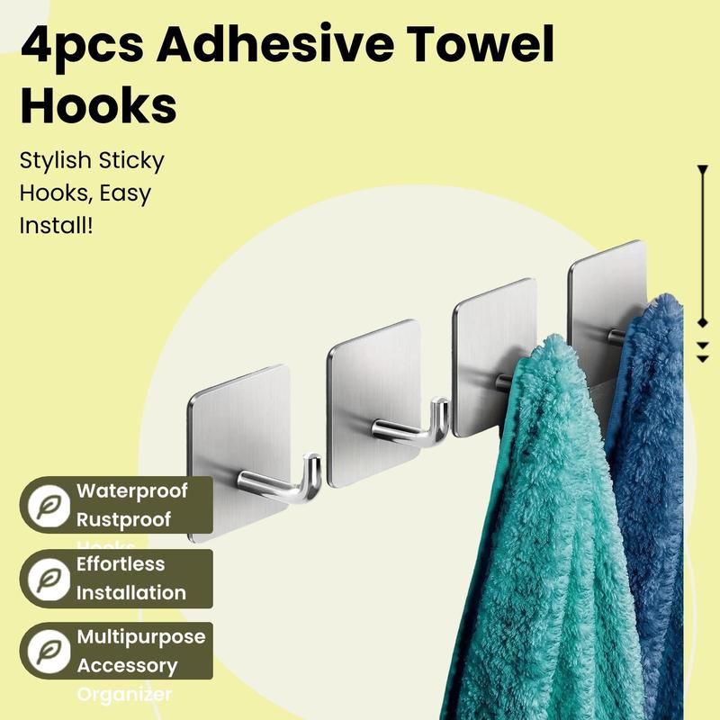 Modern Wall Mounted Sticky Hook, 4 Counts/set Heavy Duty Adhesive Towel Hook, Modern Stainless Steel Sticky Hooks for Bathroom Kitchen Bedroom, Storage Organizers 1