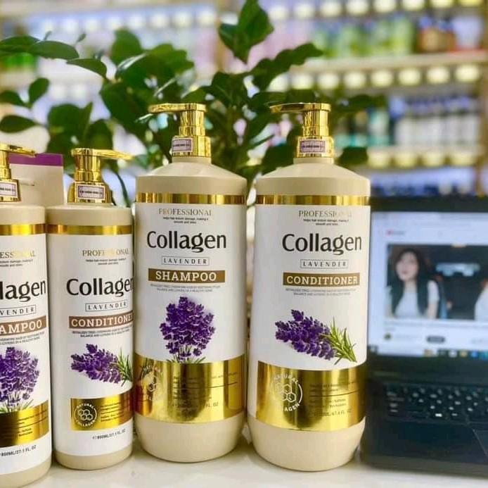 cặp gội xả collagen LAVENDER 2000ml hương nước hoa phục hồi tóc khô xơ hư tổn Nữ