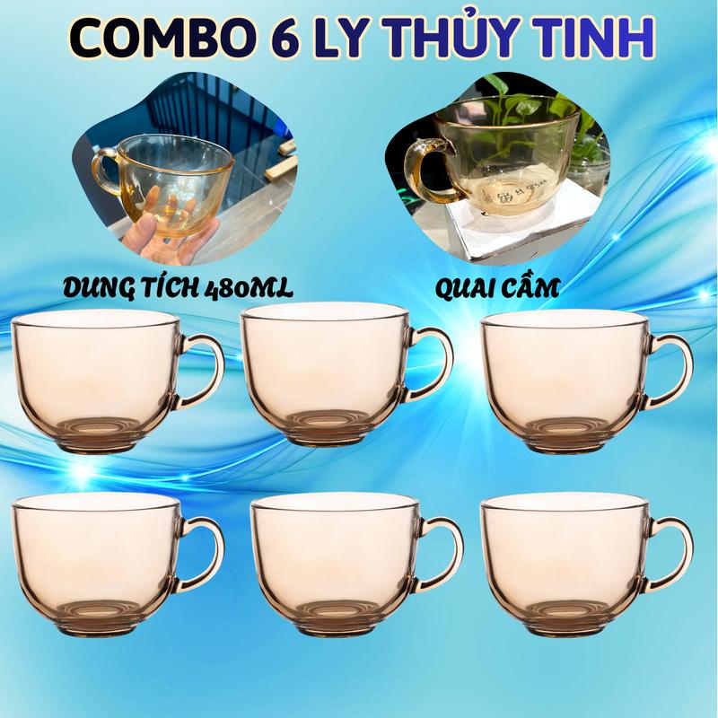 Combo 6 Ly Thủy Tinh Có Quai Màu Hổ Phách Cốc Thủy Tinh Trơn Dung Tích 450ML, Chất Liệu Dày Dặn Có Thể Chịu Nhiệt lyuong  nuoc 0