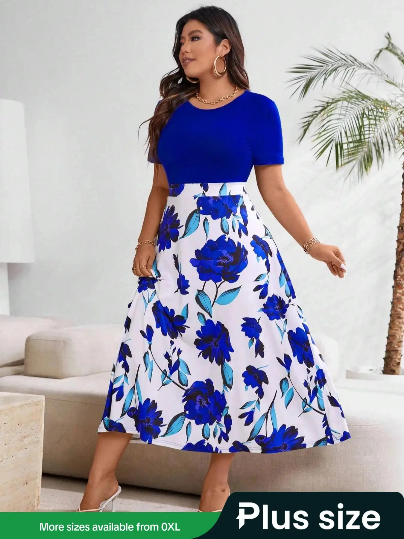 【Plus Size】 Floral Print Short Sleeve Dress, Elegant Round Neck Dress for Summer, Women's Plus Clothing for Daily Wear, Summer Dresses
