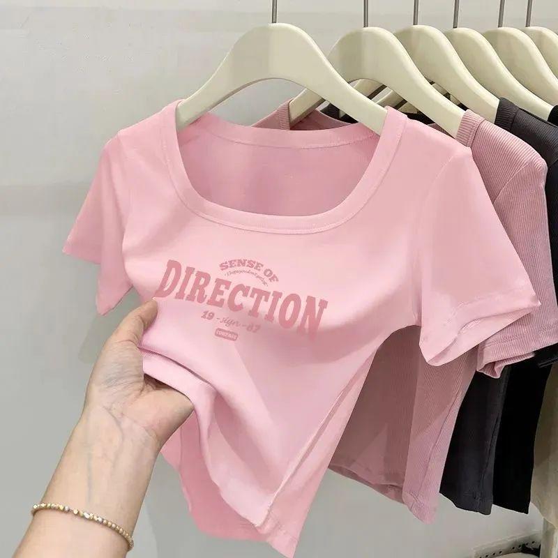 Product Introduction of Áo Thun ngắn Tay Áo Cổ Vuông Ngắn, Dành Cho Phụ Nữ Vào Mùa Hè, Dáng Ôm Vai, Cạp Cao, Áo Thích Hợp, Dành Cho Người Ngắn, Còn Hàng 1