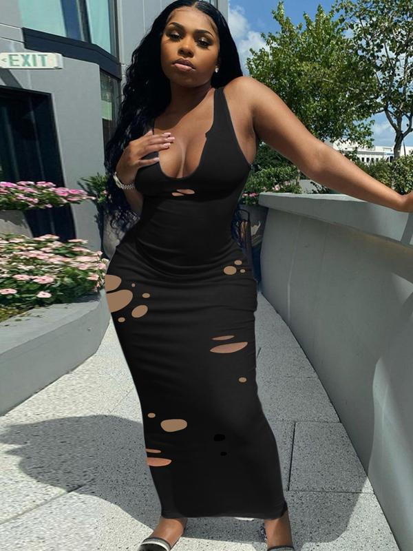 Women's Plain Ripped Notched Neck Bodycon Dress, Casual Sleeveless Long Dress for Summer, Ladies Clothes for Nightclub Party Daily Wear 6