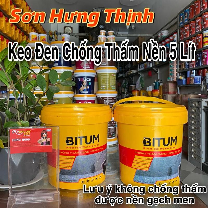 Keo Đen 5 Lít, chống thấm gốc Bitum, chống thấm nền nhà, sàn mái, sàn bê tông , vết nứt ( không quét được gạch men, bể nước, bể cá ) ( Tặng Chổi Quét )