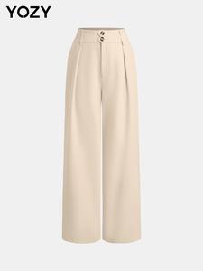 YOZY Women's Solid Button Fly Plicated Wide Leg Pants, Elegant Fashion Pocket Design Trousers for Daily Outdoor Wear, Women's Bottoms for Fall & Winter