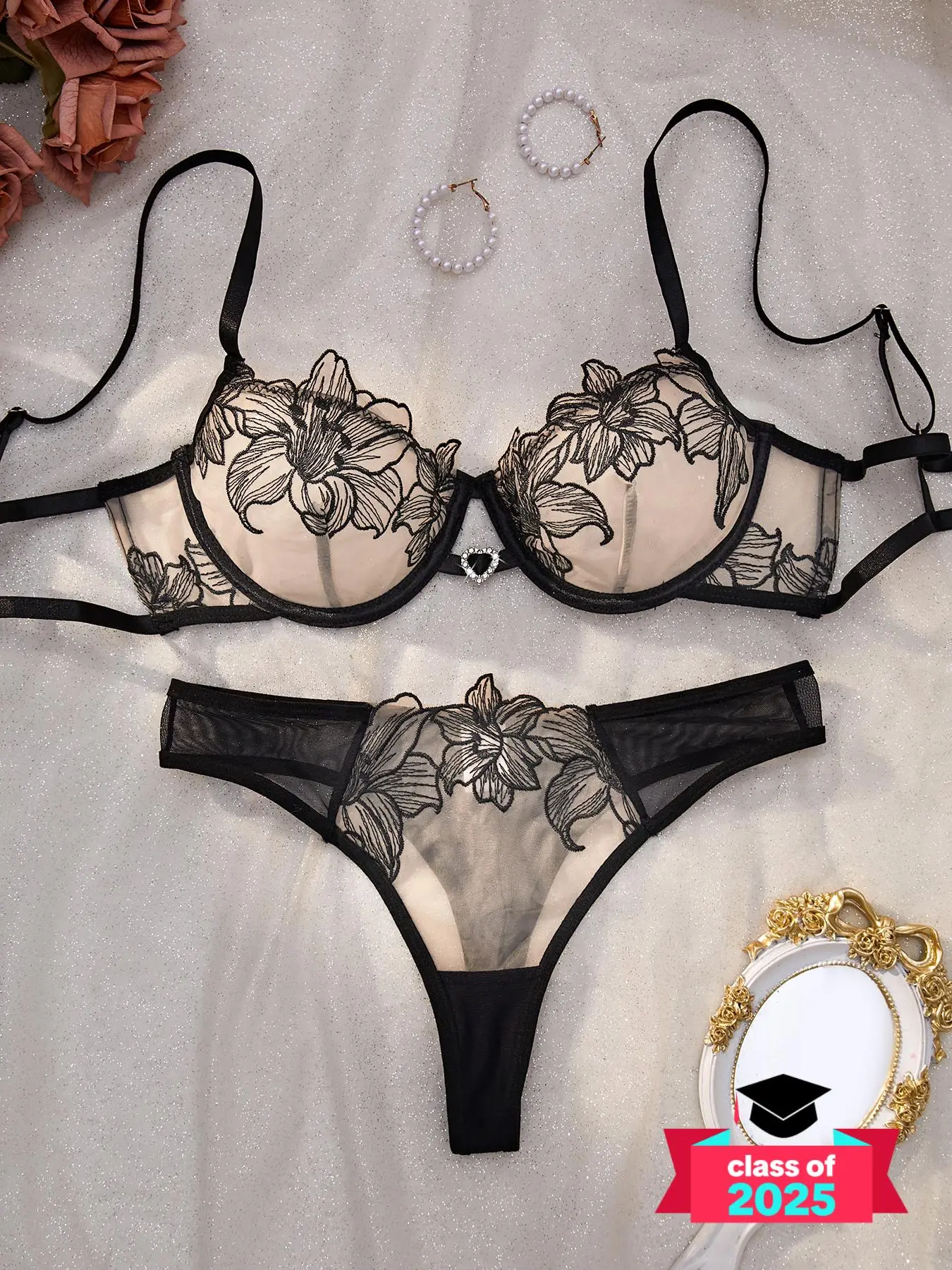 Women's Contrast Mesh Floral Embroidery Rhinestone Decor Sheer Lingerie Set, Adjustable Strap Cut Out Bra & Thong Matching Set, Soft Comfy Breathable Lingerie Set for Women