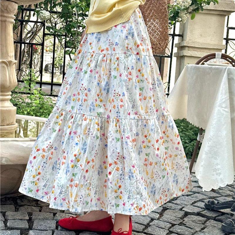 Chân Váy Midi, Phong Cách Hàn Quốc, Thanh Lịch Và Nhẹ Nhàng, Thiết Kế Hoa Lãng Mạn, Thích Hợp Cho Mùa Hè Và Mùa Xuân, Hàng Mới Về, Dễ Phối Đồ, Dáng Rộng Vừa Vặn, Chân Váy Thường Ngày 2